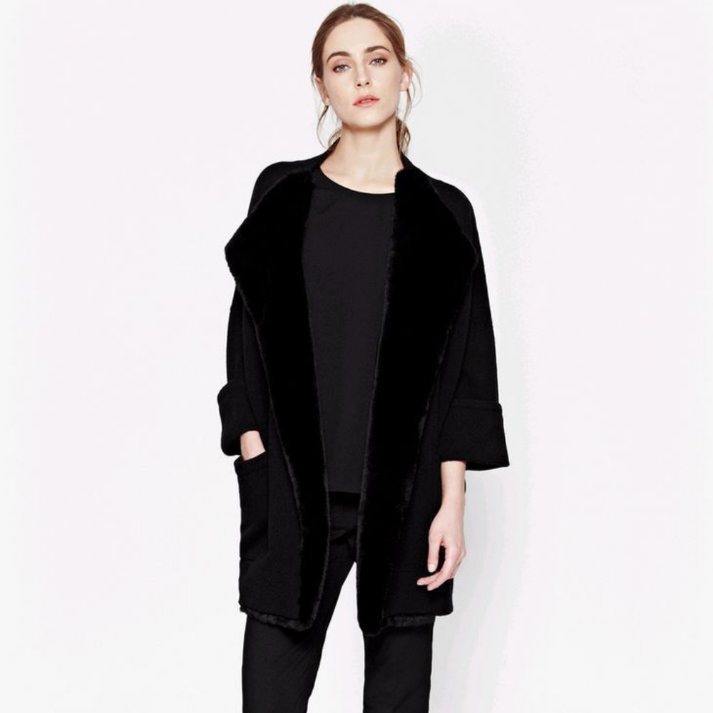 French Connection Whistler Oversized Cardigan Sweater size S Black Faux Fur Trim